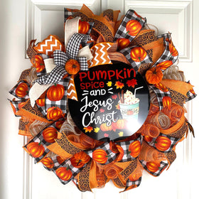 Farmhouse Fall Wreath: Pumpkin Spice, Jesus Christ, Thanksgiving Decor
