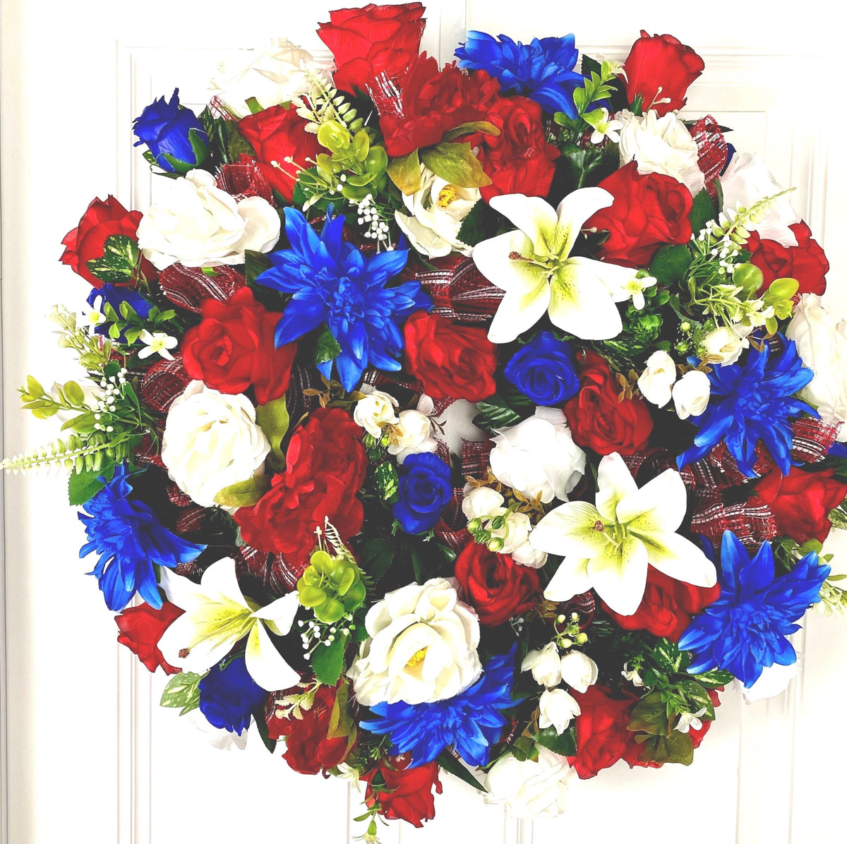 Patriotic Floral Wreath, 4th of July, Summer, Red White & Blue, Everyday, Memorial Day, Double Doors, Flag, everyday