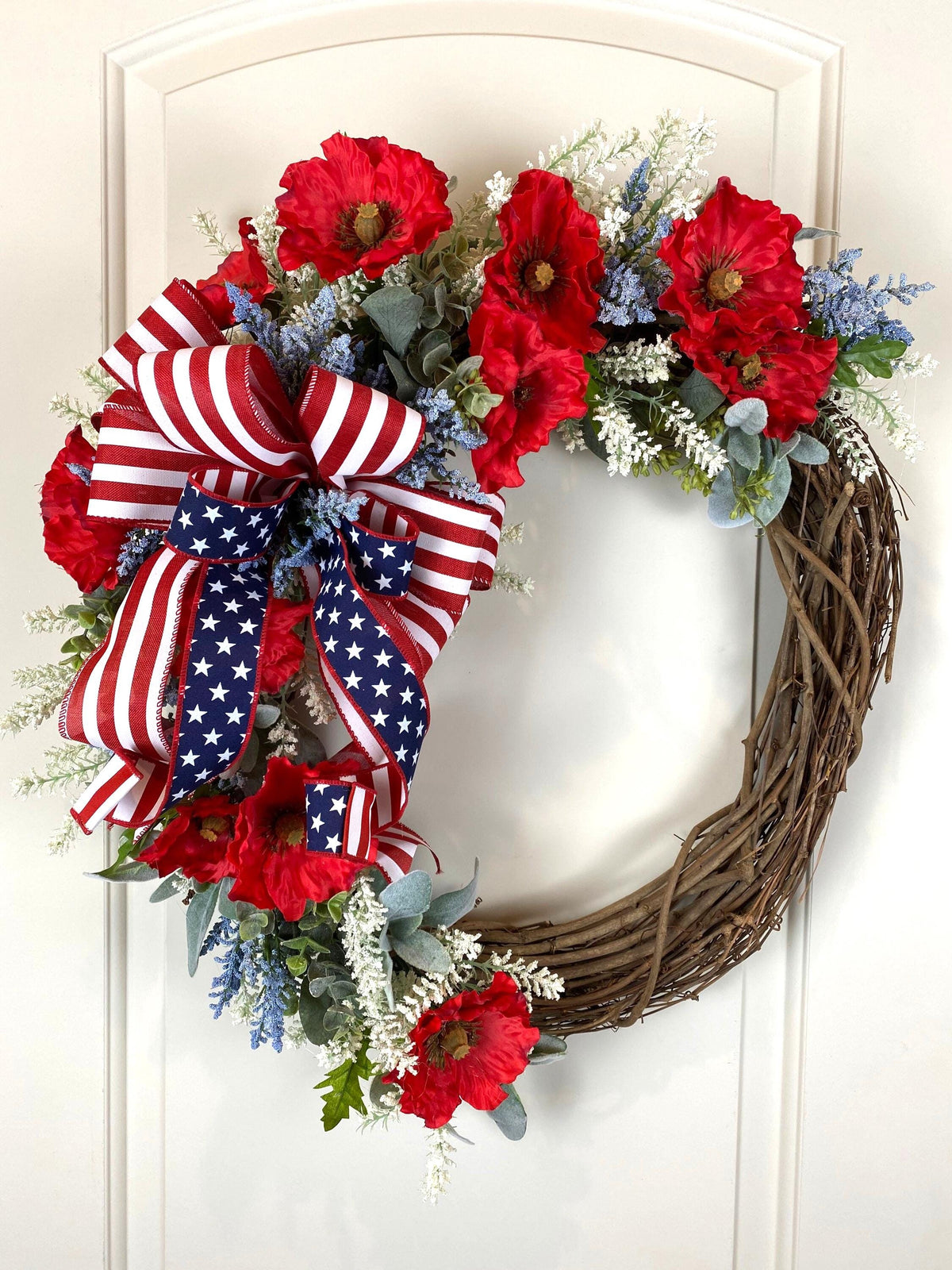 Summer Poppy Wreath, Patriotic Wreath, Fourth of July Wreath, Deluxe Flag Wreath, Red Cream and Blue Wreath, farmhouse decor