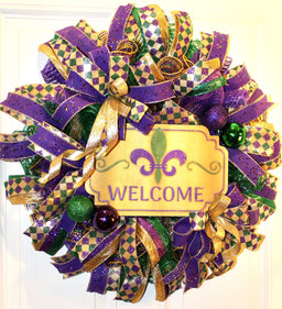 Mardi Gras Wreath: Glittered Deco Mesh, Front Door Decor (25" x 7")