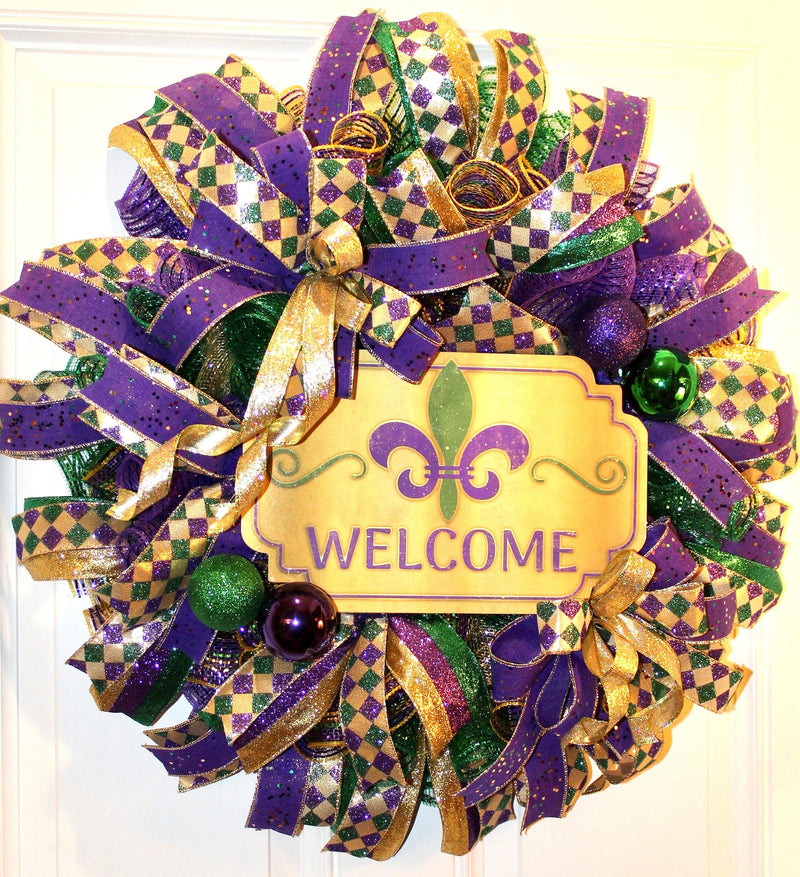 Mardi Gras Wreath: Glittered Deco Mesh, Front Door Decor (25" x 7")
