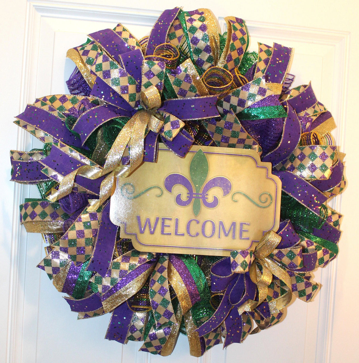 Mardi Gras Wreath: Glittered Deco Mesh, Front Door Decor (25" x 7")