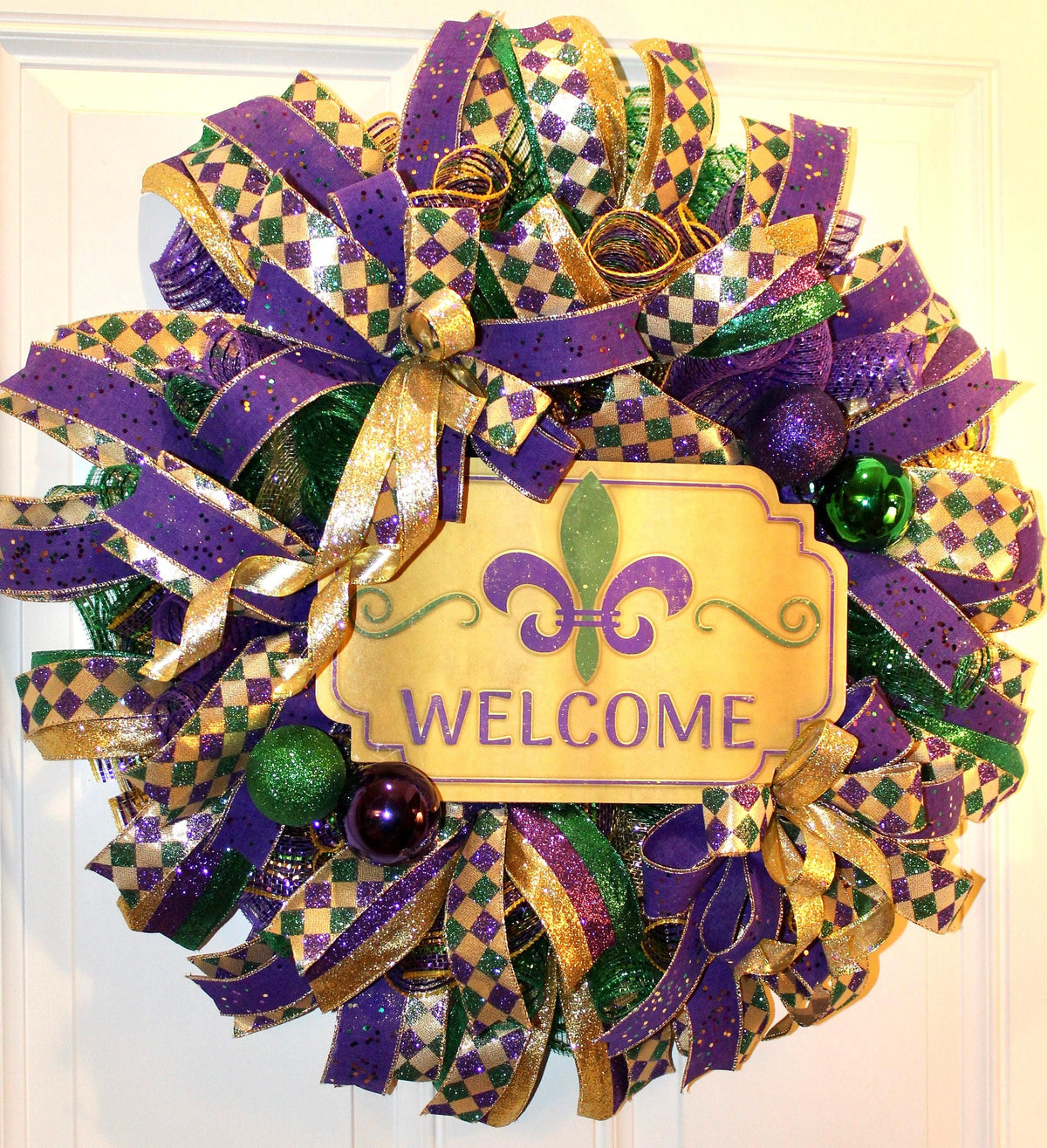 Mardi Gras Wreath: Glittered Deco Mesh, Front Door Decor (25" x 7")