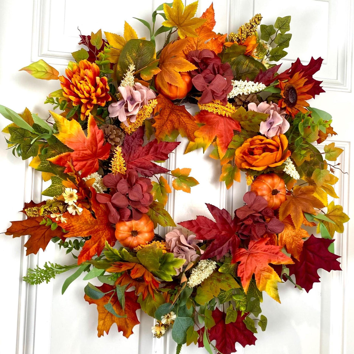 Fall Pumpkin Wreath: Pine Cones & Sunflowers, Autumn Door Decor