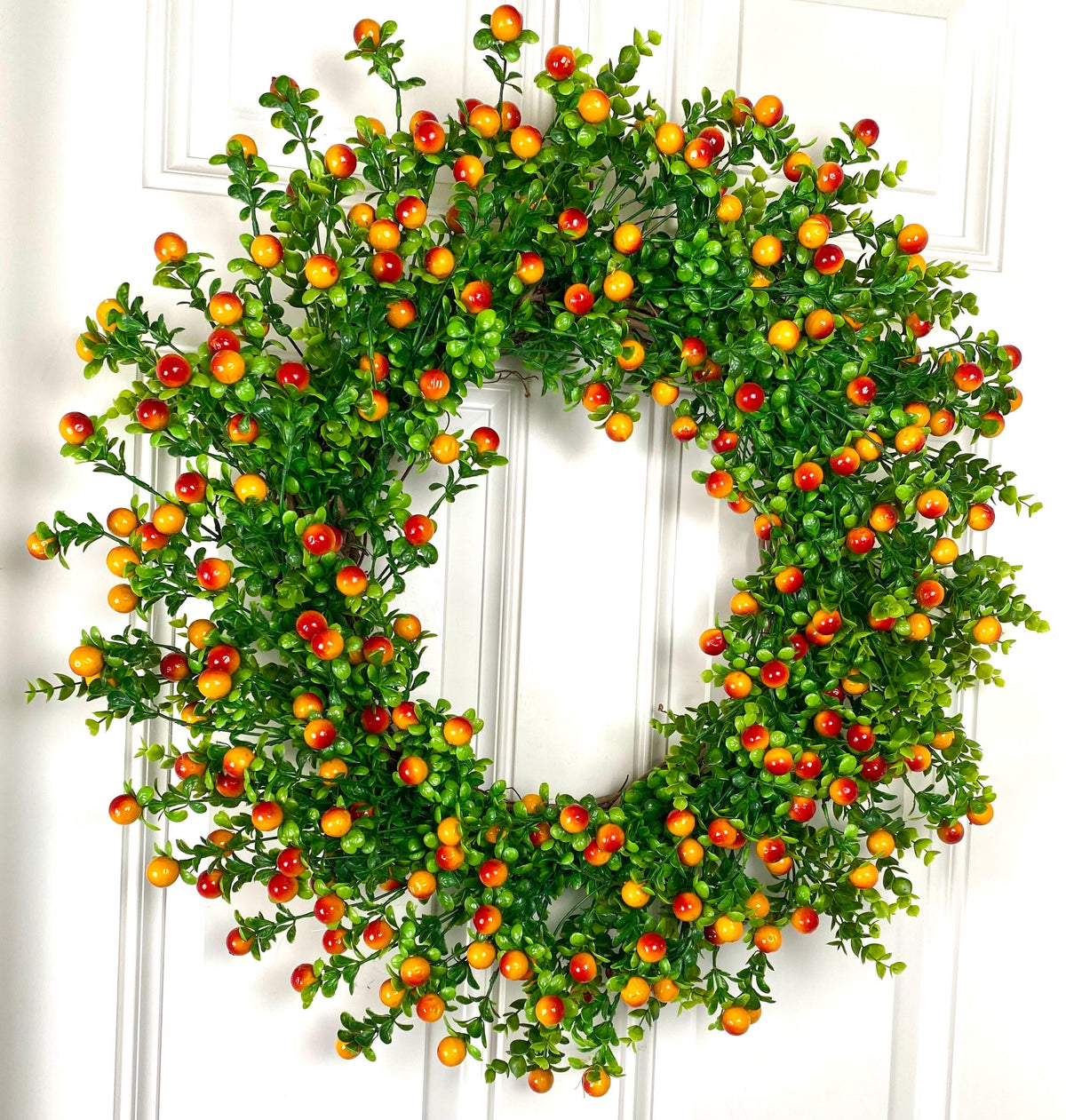 Fall Orange Berry Wreath, Boxwood, Front Door Wreath