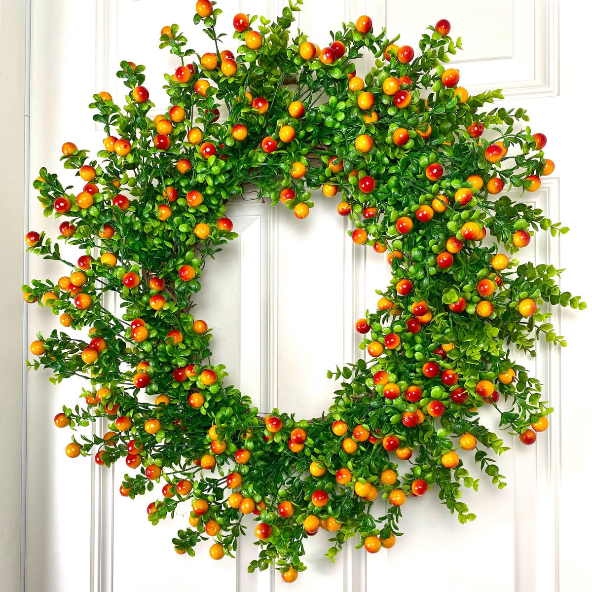 Fall Orange Berry Wreath, Boxwood, Front Door Wreath