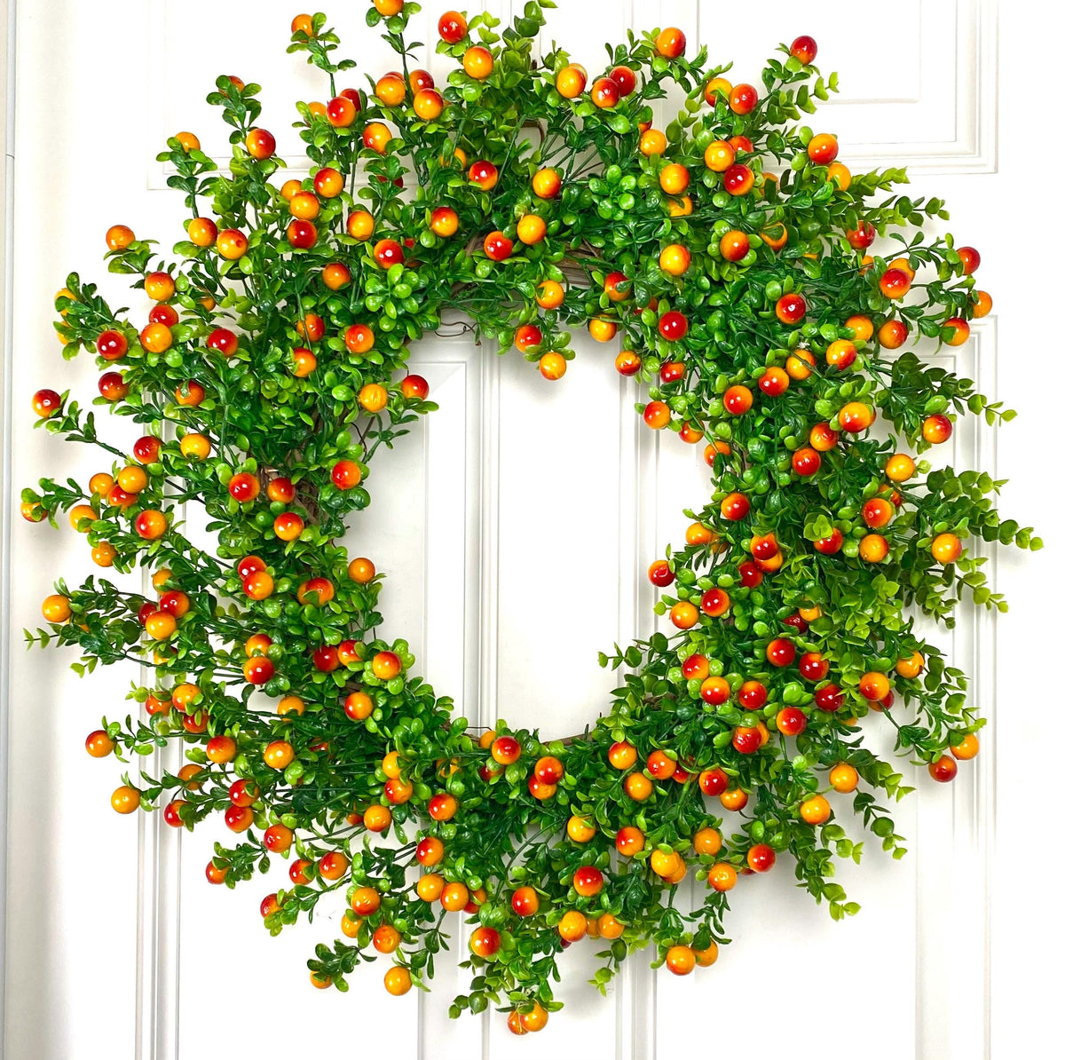 Fall Orange Berry Wreath, Boxwood, Front Door Wreath