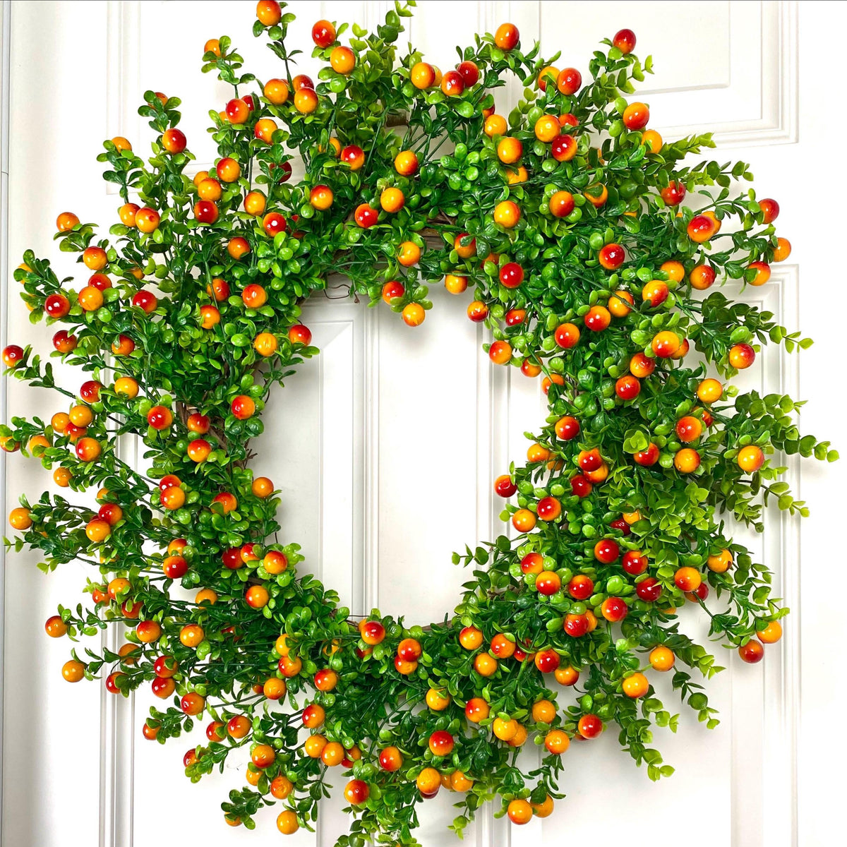 Fall Orange Berry Wreath, Boxwood, Front Door Wreath