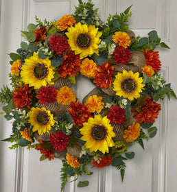 Fall Sunflower Dahlia Wreath: Farmhouse Burlap Front Door Decor