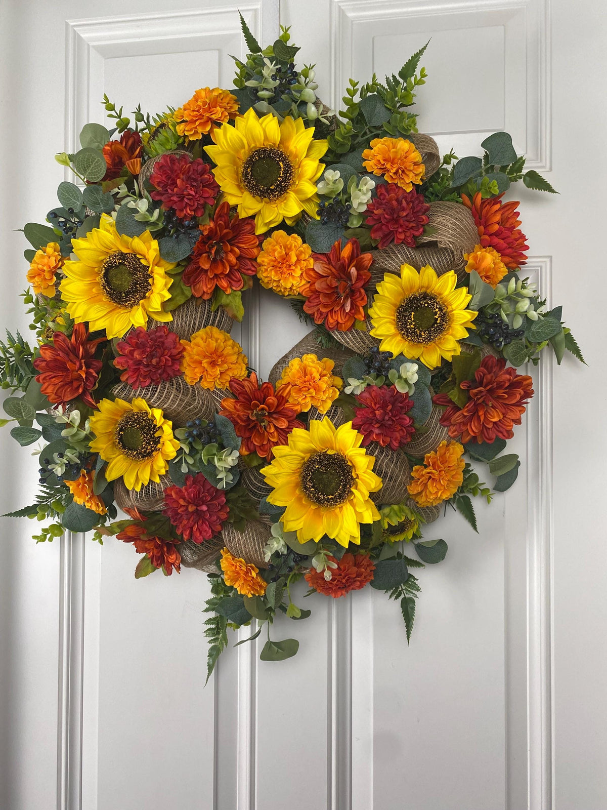Fall Sunflower Dahlia Wreath: Farmhouse Burlap Front Door Decor