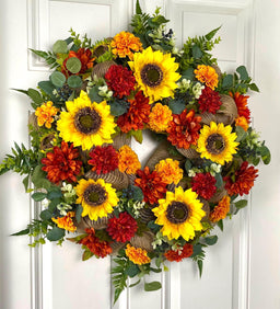 Fall Sunflower Dahlia Wreath: Farmhouse Burlap Front Door Decor