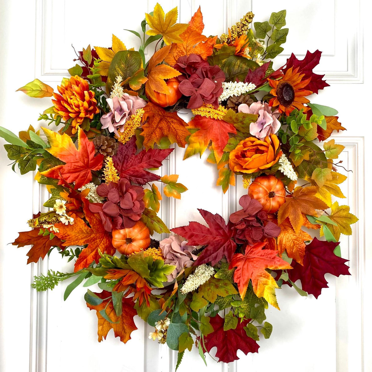 Fall Pumpkin Wreath: Pine Cones & Sunflowers, Autumn Door Decor