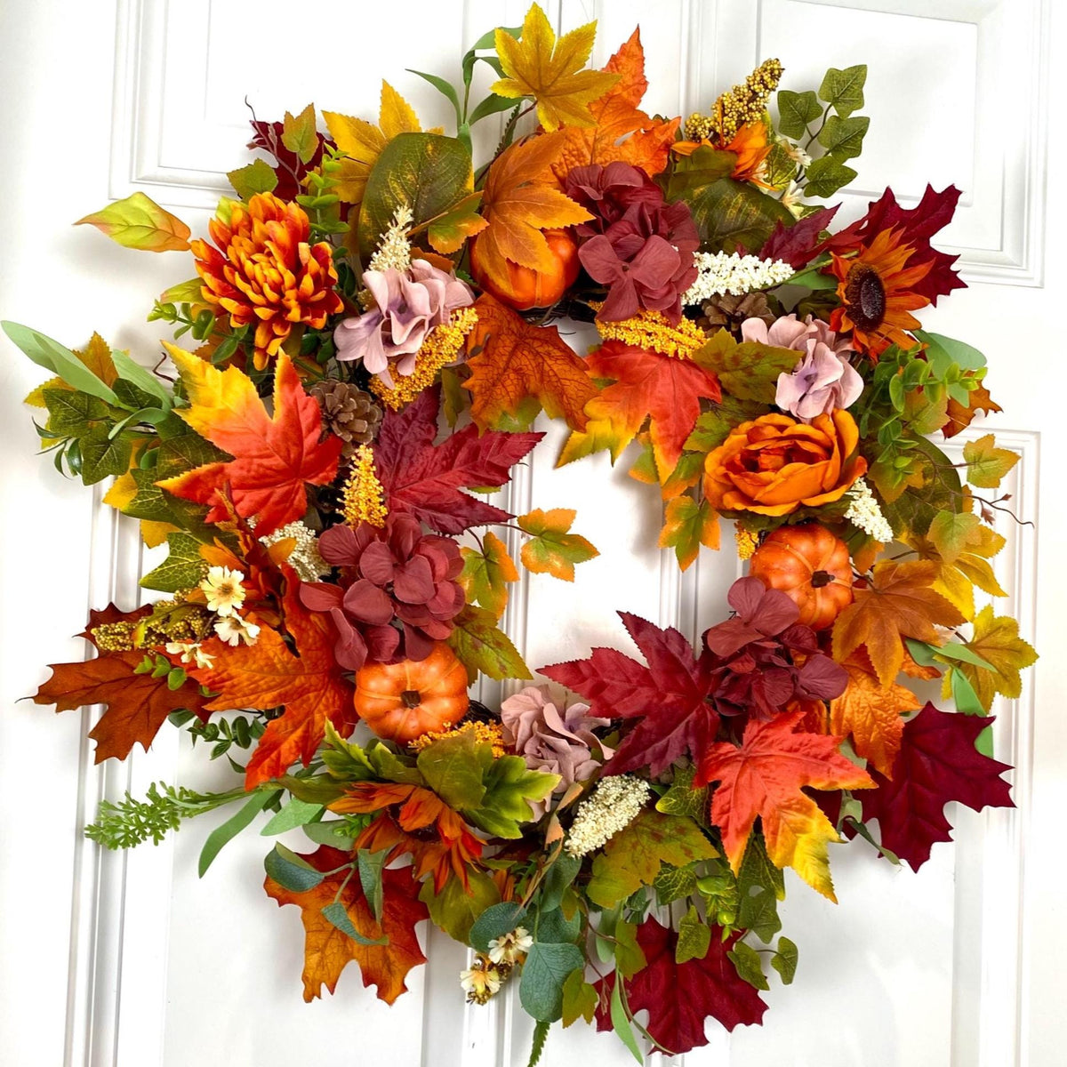 Fall Pumpkin Wreath: Pine Cones & Sunflowers, Autumn Door Decor