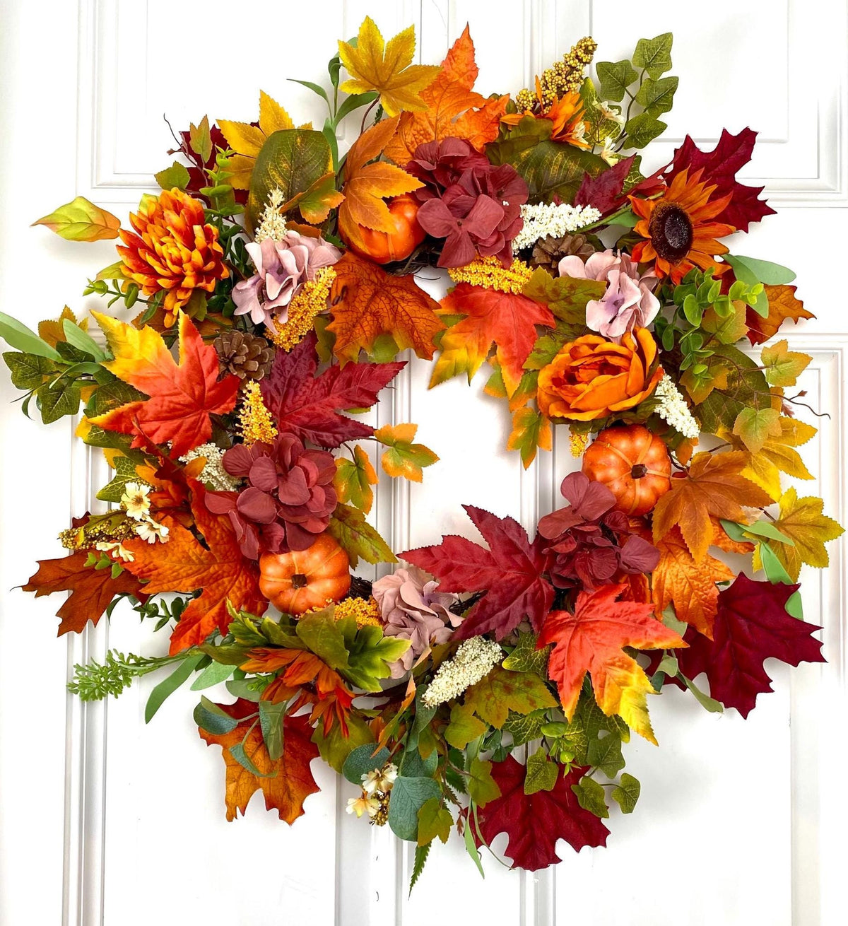 Fall Pumpkin Wreath: Pine Cones & Sunflowers, Autumn Door Decor