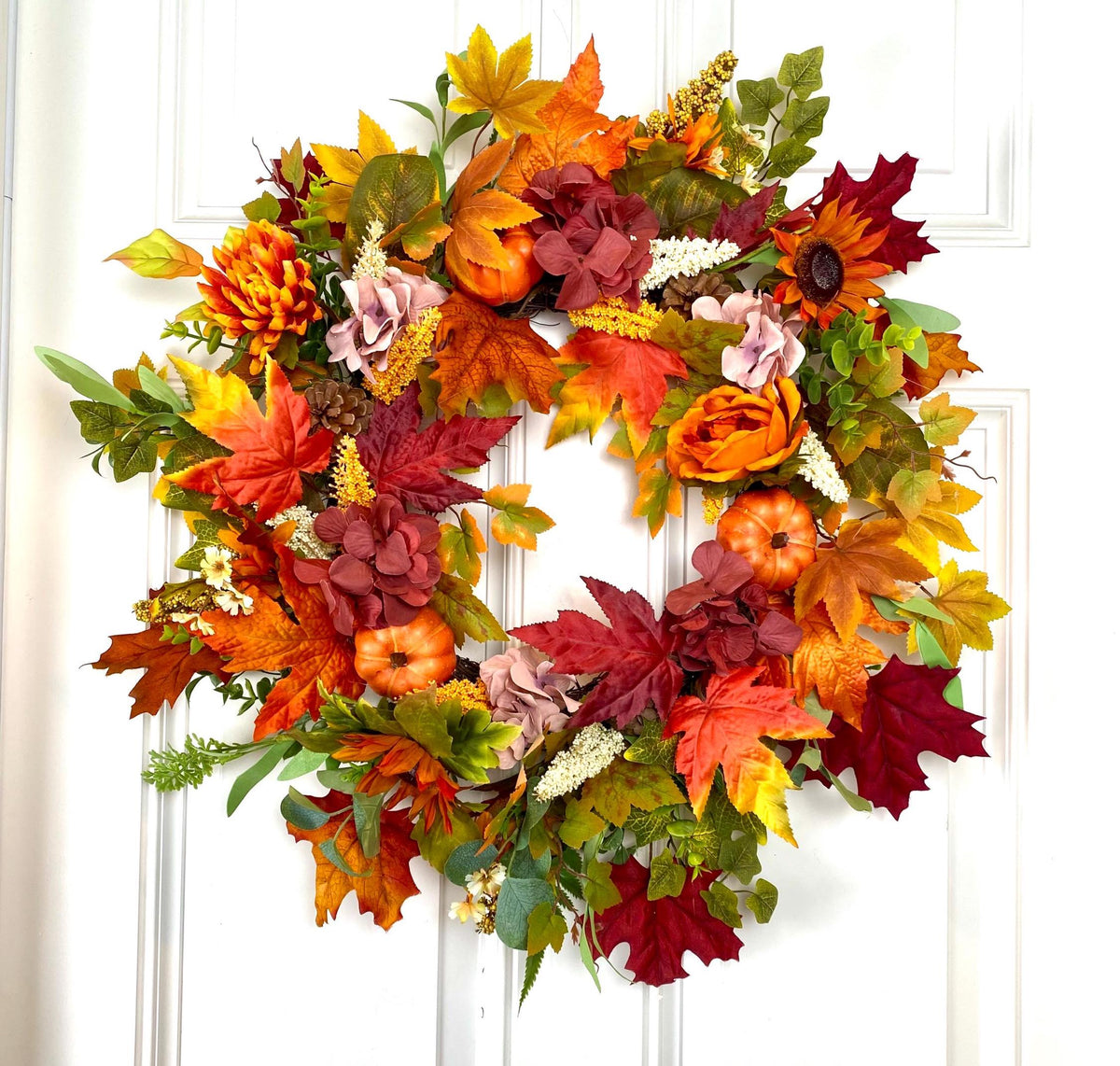 Fall Pumpkin Wreath: Pine Cones & Sunflowers, Autumn Door Decor