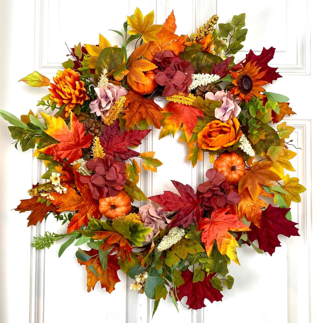 Fall Pumpkin Wreath: Pine Cones & Sunflowers, Autumn Door Decor