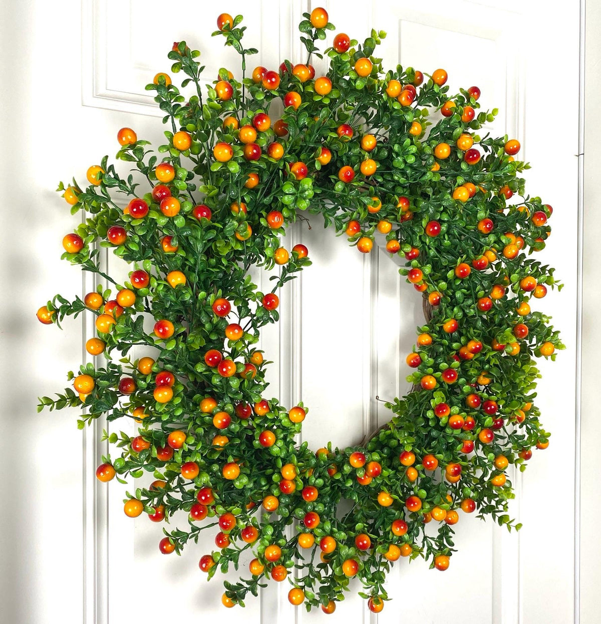 Fall Orange Berry Wreath, Boxwood, Front Door Wreath