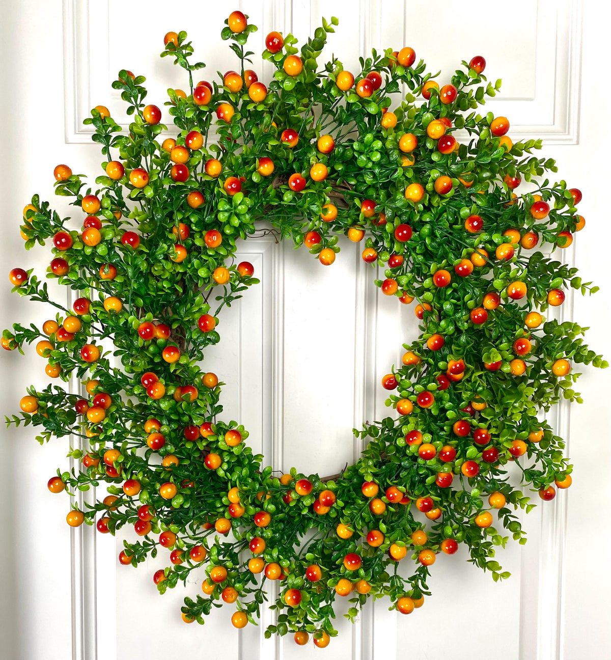 Fall Orange Berry Wreath, Boxwood, Front Door Wreath