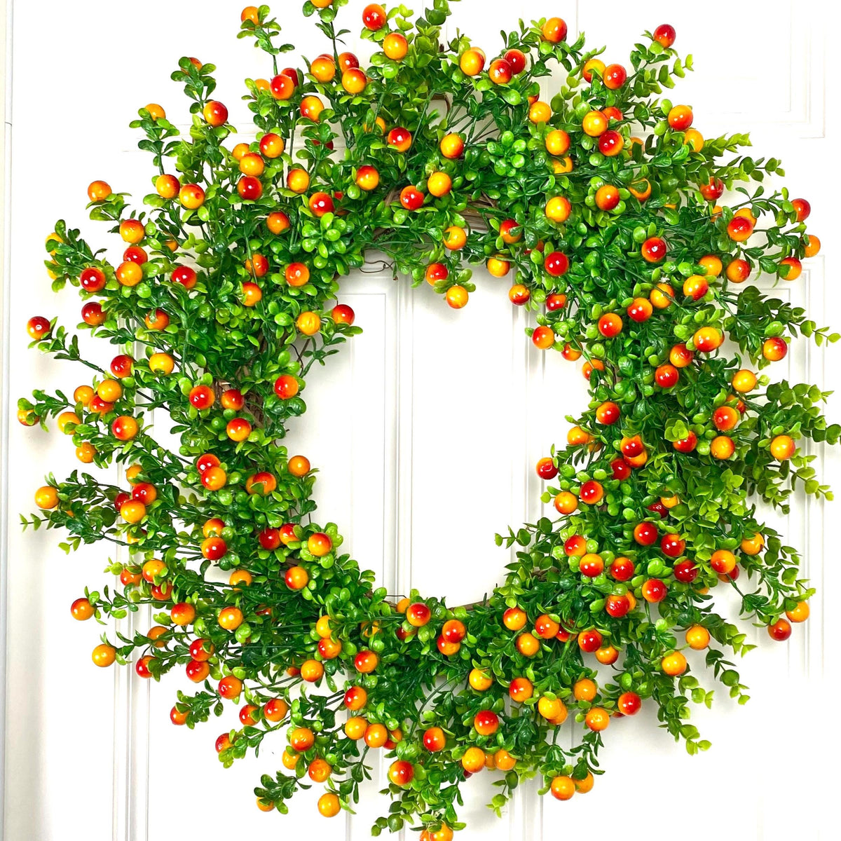Fall Orange Berry Wreath, Boxwood, Front Door Wreath
