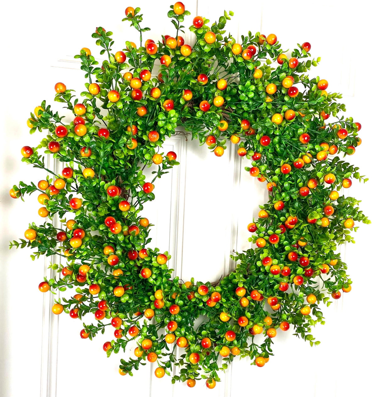 Fall Orange Berry Wreath, Boxwood, Front Door Wreath
