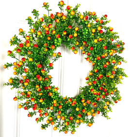Fall Orange Berry Wreath, Boxwood, Front Door Wreath