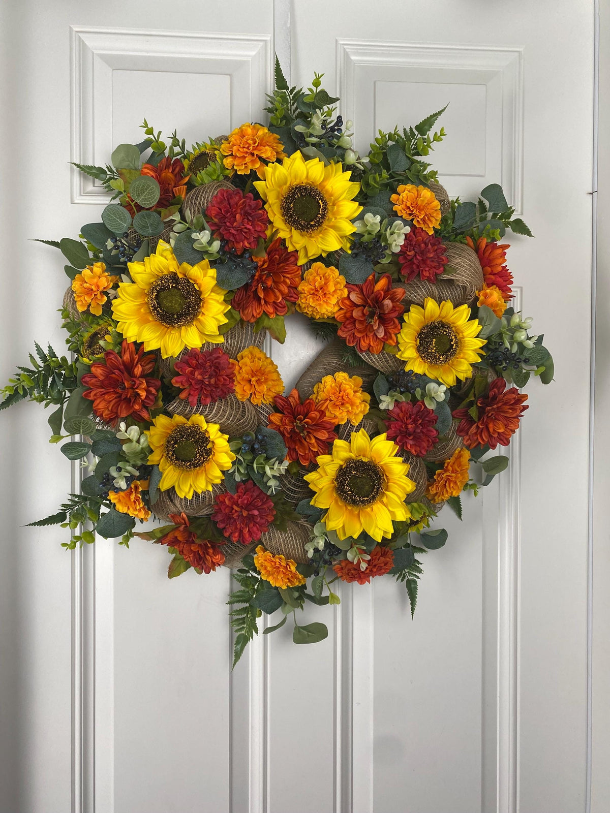Fall Sunflower Dahlia Wreath: Farmhouse Burlap Front Door Decor
