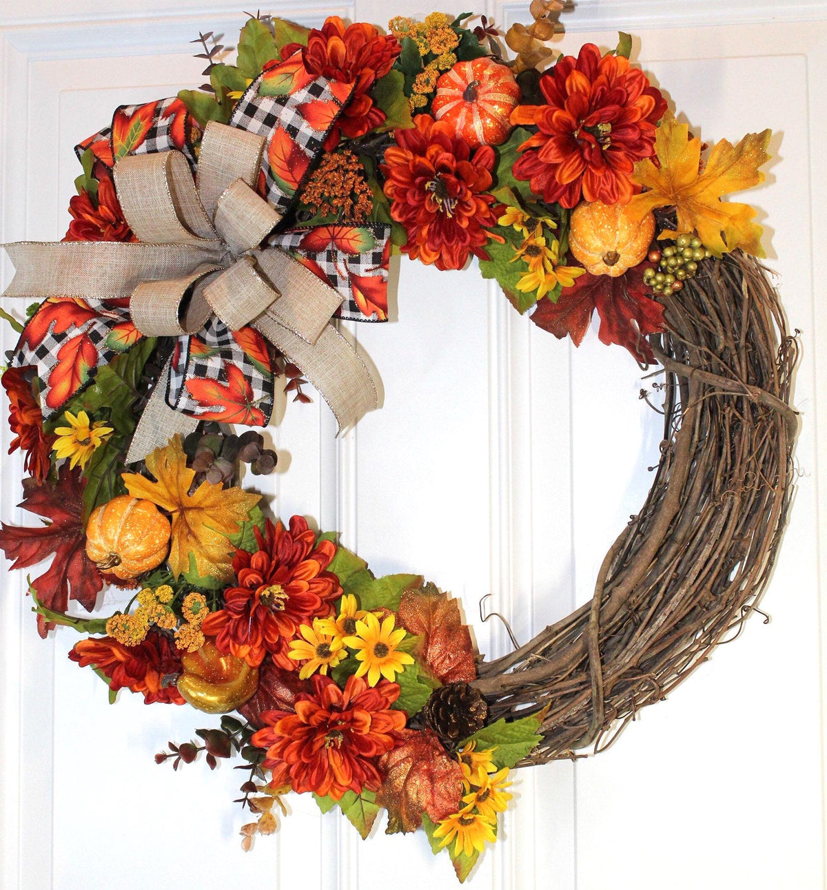 Fall Pumpkin & Dahlia Wreath: Glittery Buffalo Plaid Ribbon