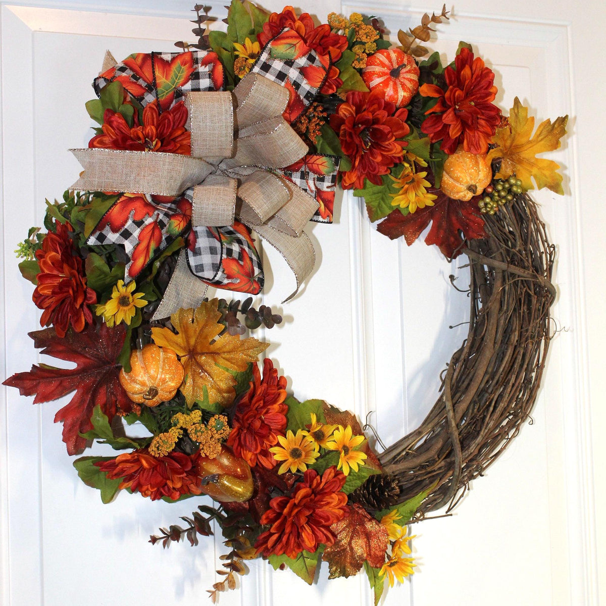 Fall Pumpkin & Dahlia Wreath: Glittery Buffalo Plaid Ribbon