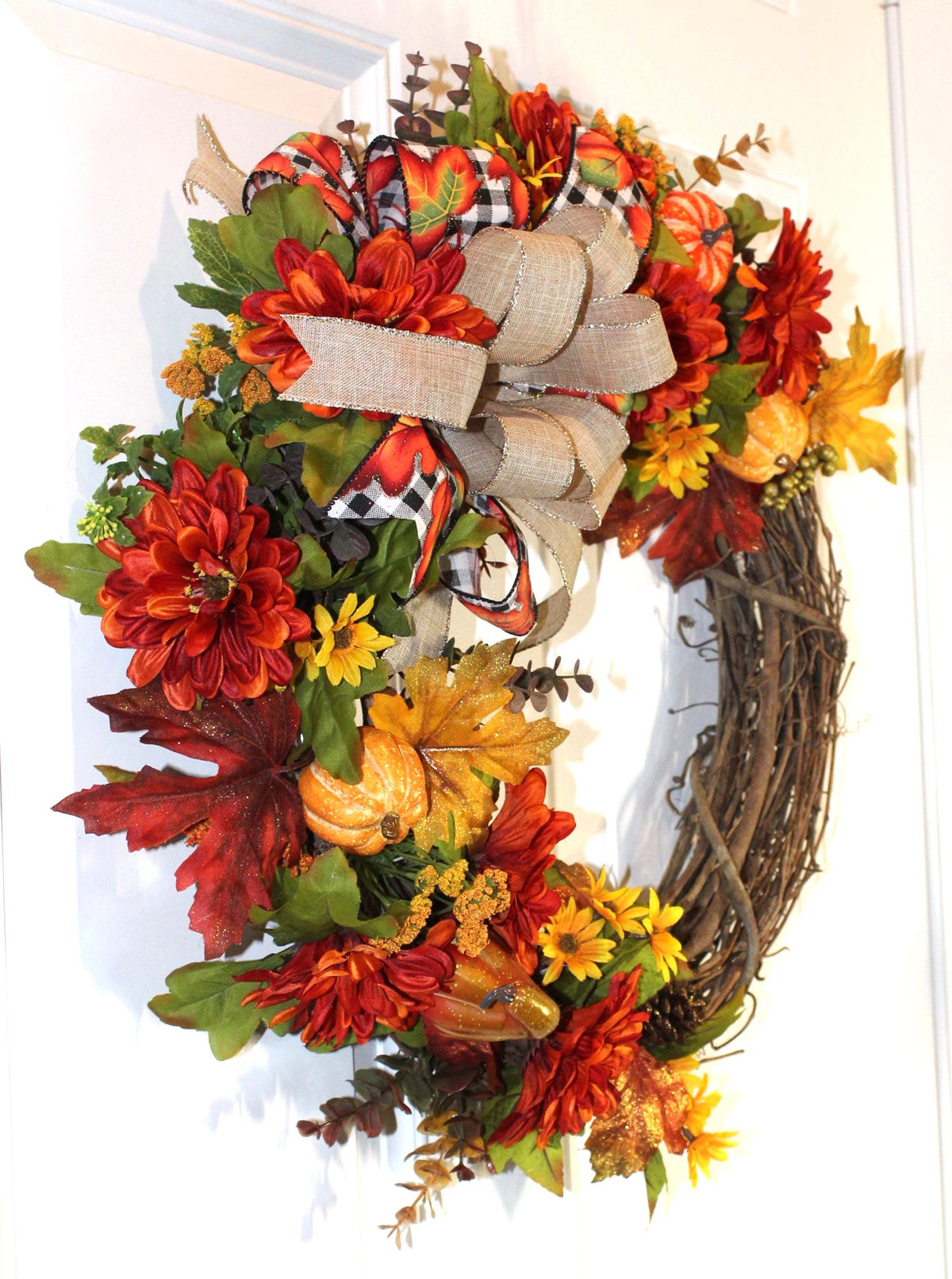 Fall Pumpkin & Dahlia Wreath: Glittery Buffalo Plaid Ribbon