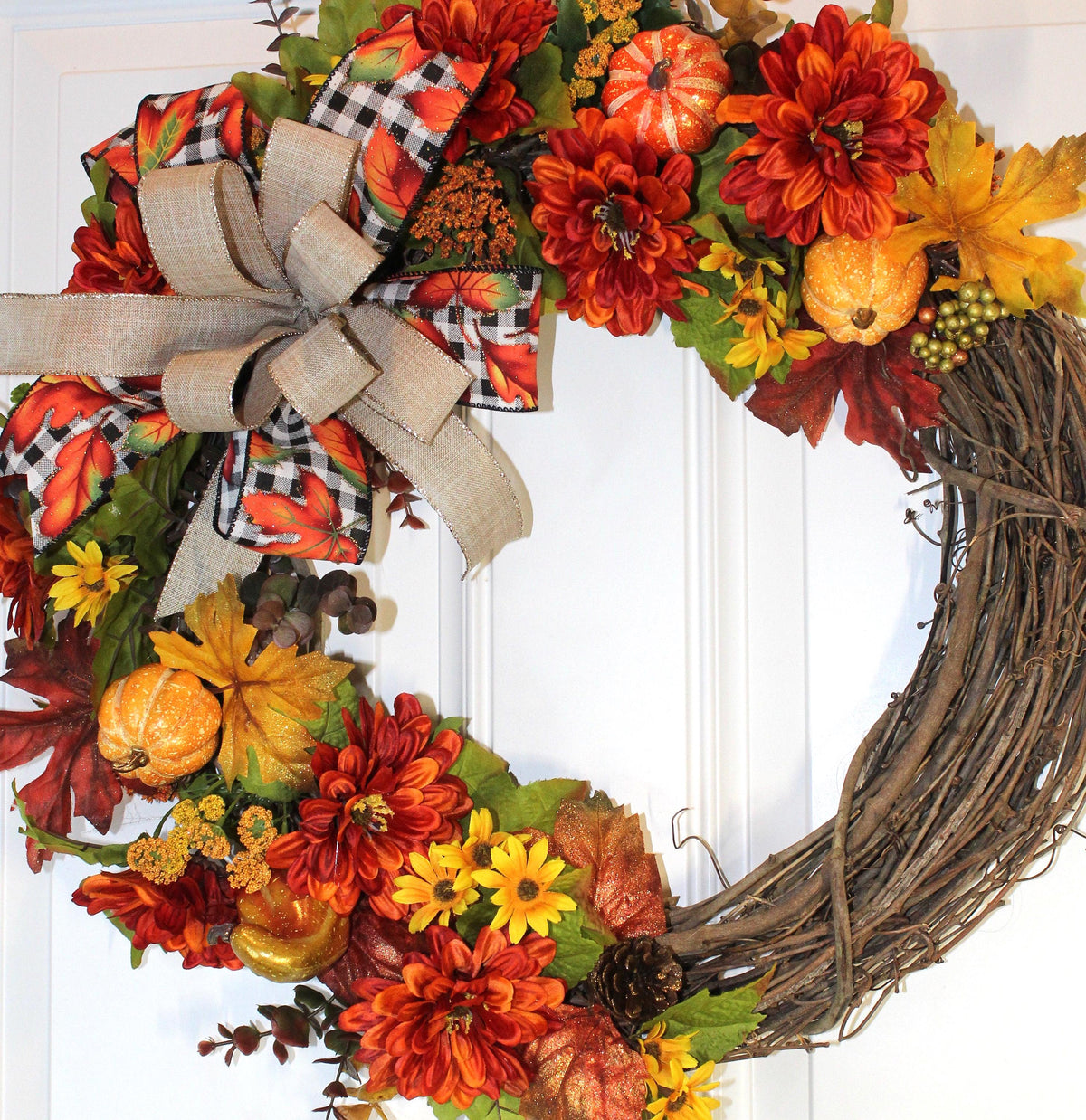 Fall Pumpkin & Dahlia Wreath: Glittery Buffalo Plaid Ribbon