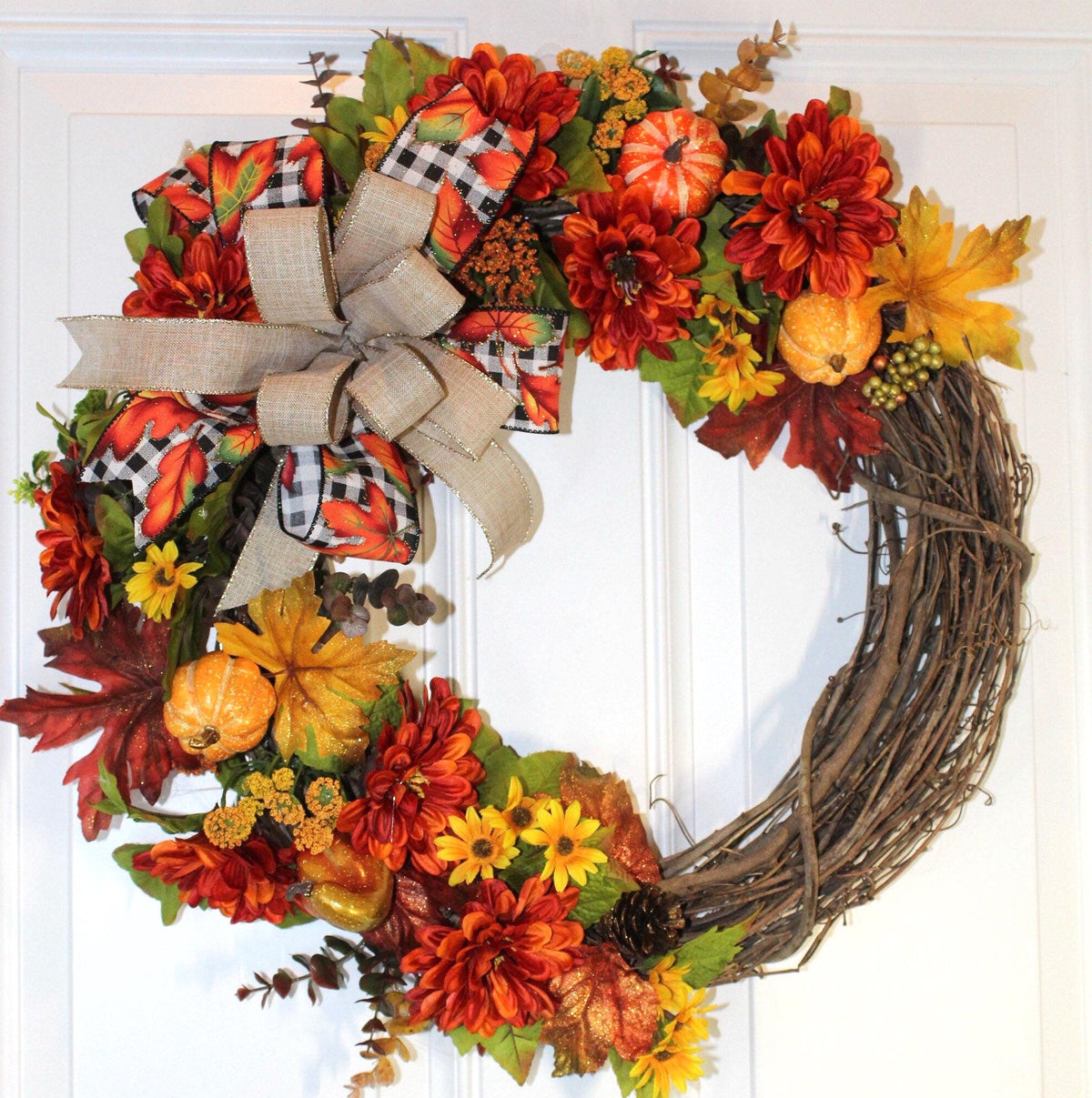 Fall Pumpkin & Dahlia Wreath: Glittery Buffalo Plaid Ribbon