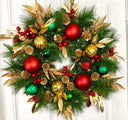 Lighted Red Green Gold Christmas Ornament Pinecone Wreath, Holiday Ornament Wreath, Winter Porch Decor