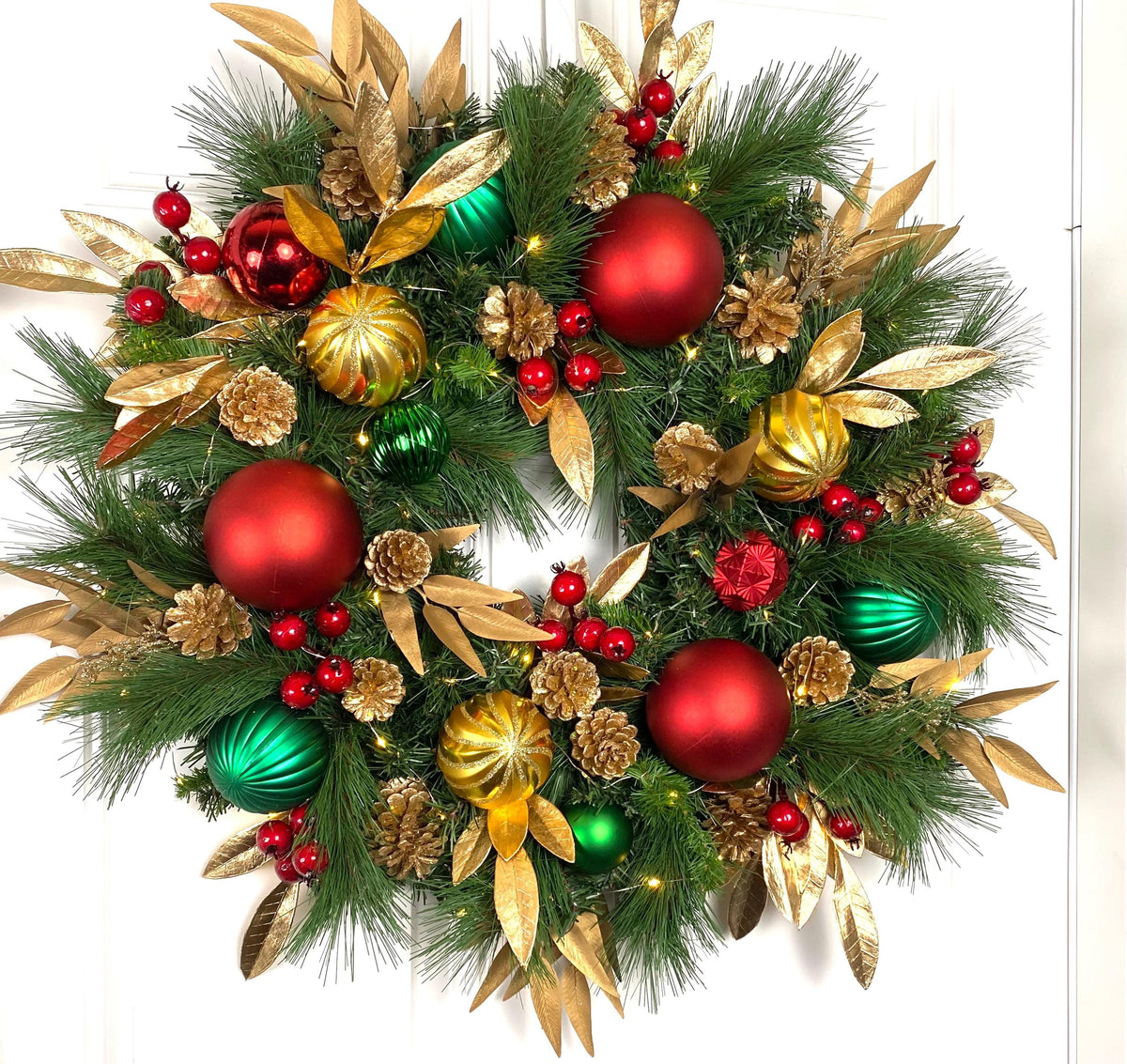 Lighted Red Green Gold Christmas Ornament Pinecone Wreath, Holiday Ornament Wreath, Winter Porch Decor