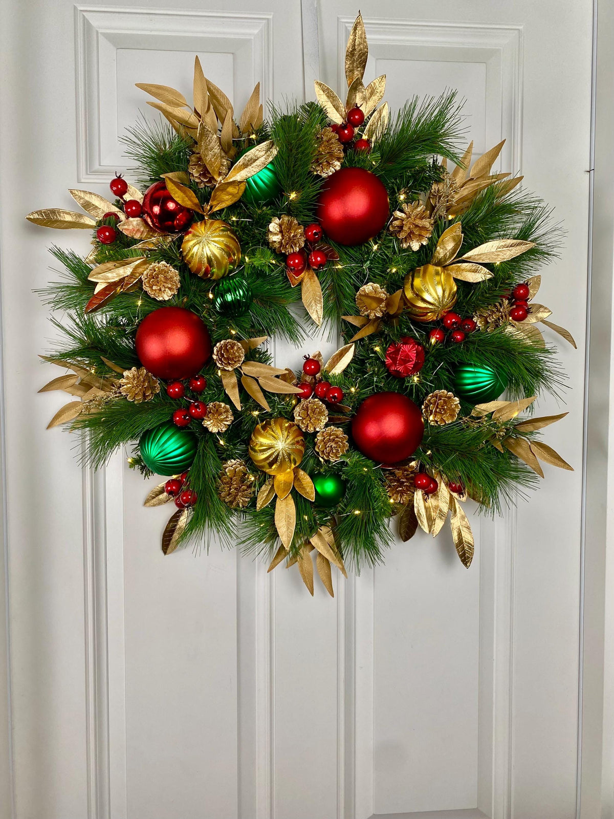 Lighted Red Green Gold Christmas Ornament Pinecone Wreath, Holiday Ornament Wreath, Winter Porch Decor