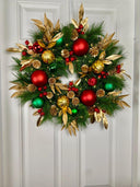 Lighted Red Green Gold Christmas Ornament Pinecone Wreath, Holiday Ornament Wreath, Winter Porch Decor