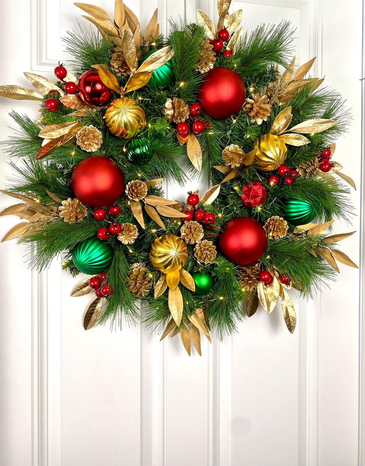 Lighted Red Green Gold Christmas Ornament Pinecone Wreath, Holiday Ornament Wreath, Winter Porch Decor