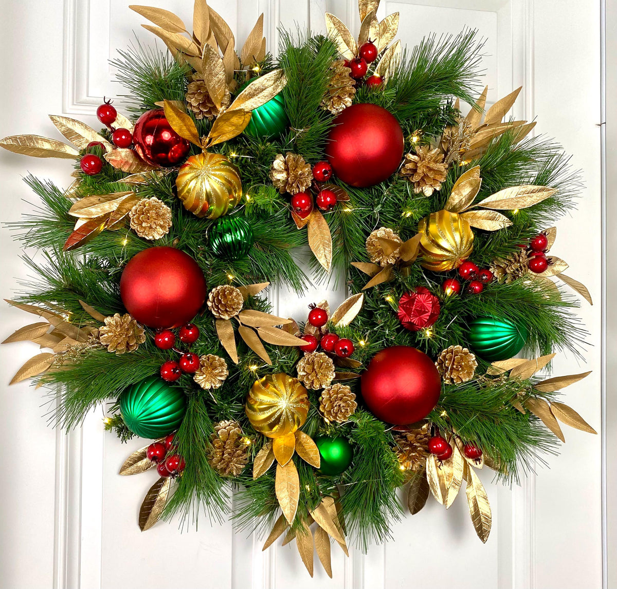 Lighted Red Green Gold Christmas Ornament Pinecone Wreath, Holiday Ornament Wreath, Winter Porch Decor