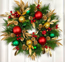 Lighted Red Green Gold Christmas Ornament Pinecone Wreath, Holiday Ornament Wreath, Winter Porch Decor