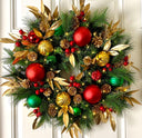 Lighted Red Green Gold Christmas Ornament Pinecone Wreath, Holiday Ornament Wreath, Winter Porch Decor