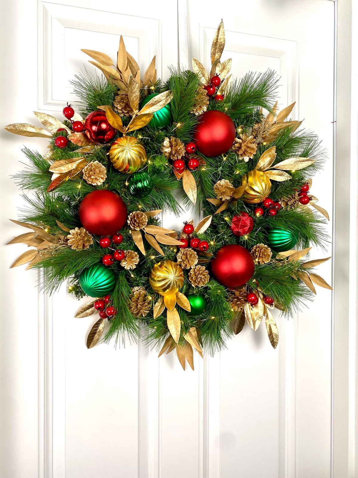 Lighted Red Green Gold Christmas Ornament Pinecone Wreath, Holiday Ornament Wreath, Winter Porch Decor