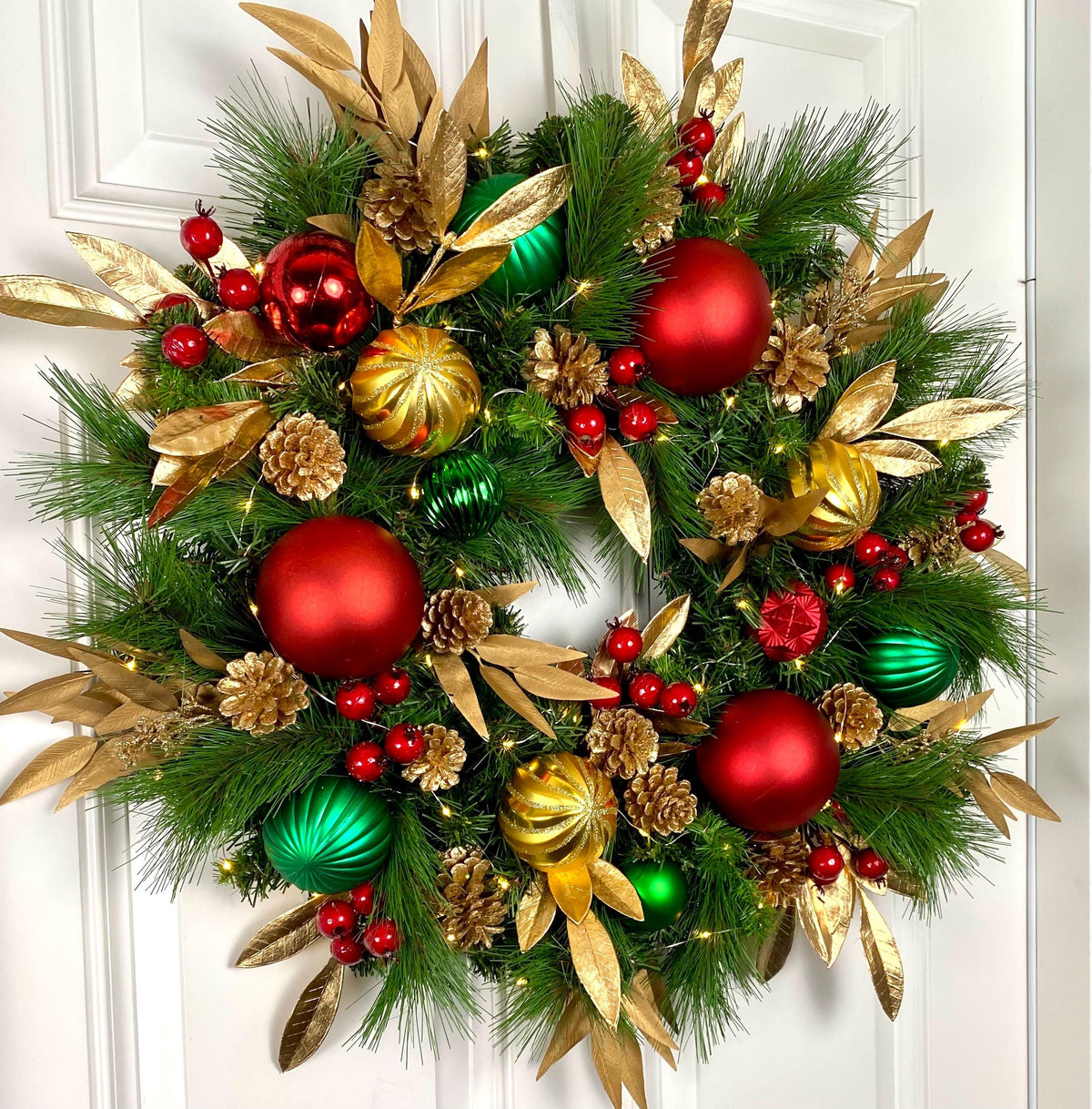 Lighted Red Green Gold Christmas Ornament Pinecone Wreath, Holiday Ornament Wreath, Winter Porch Decor