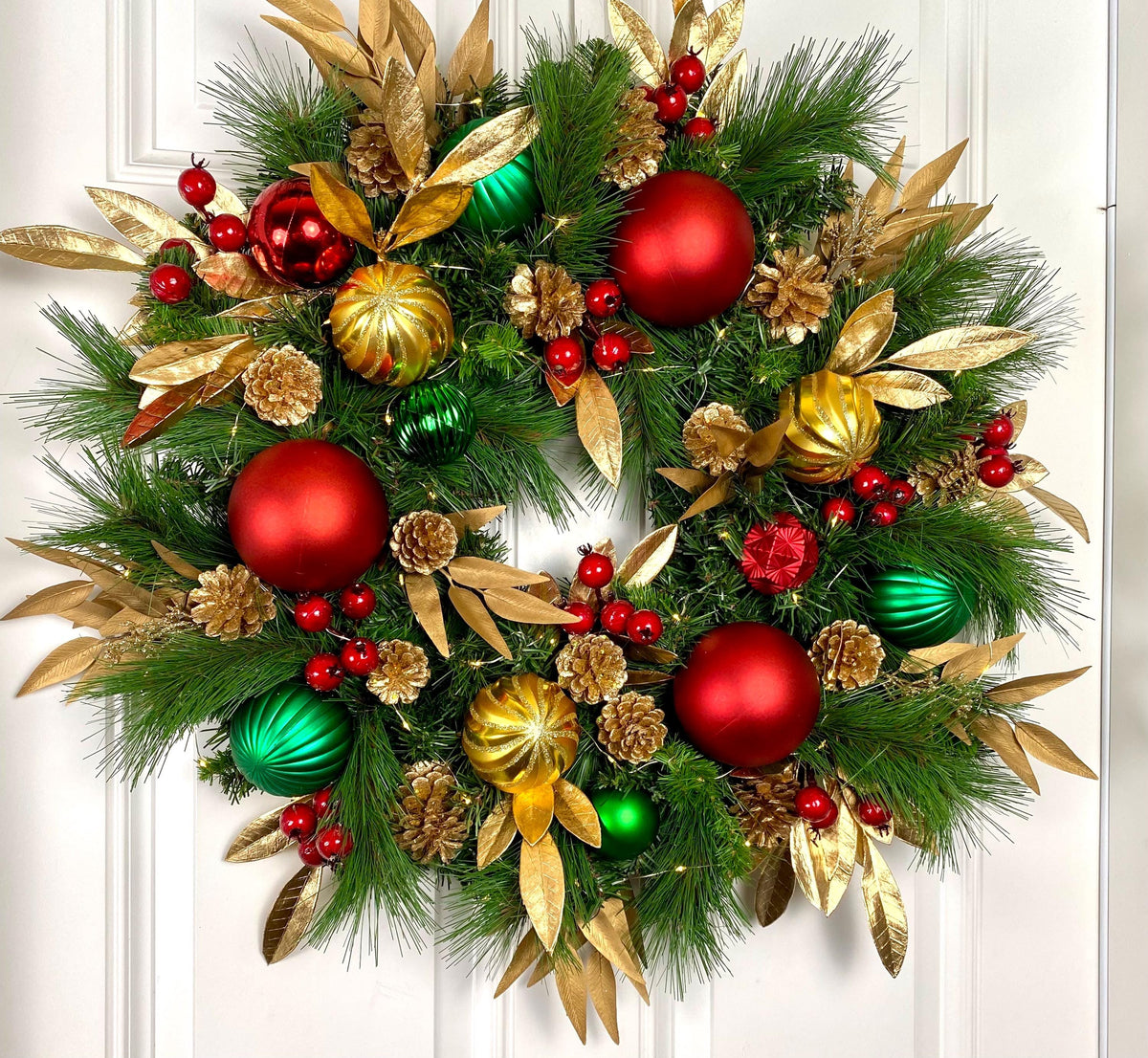 Lighted Red Green Gold Christmas Ornament Pinecone Wreath, Holiday Ornament Wreath, Winter Porch Decor