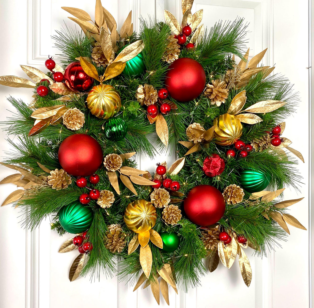 Lighted Red Green Gold Christmas Ornament Pinecone Wreath, Holiday Ornament Wreath, Winter Porch Decor