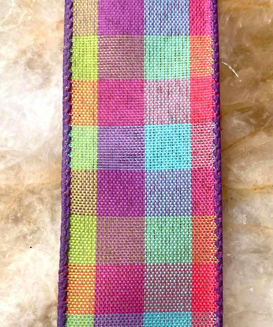 2.5 Inch Hot Pink Plaid Ribbon with Lime, Teal and Lavender / Members Mark / Sams Club