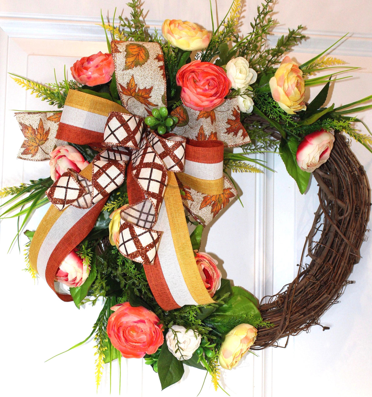 Floral Grapevine Wreath: Fall Thanksgiving Halloween Front Door Decor