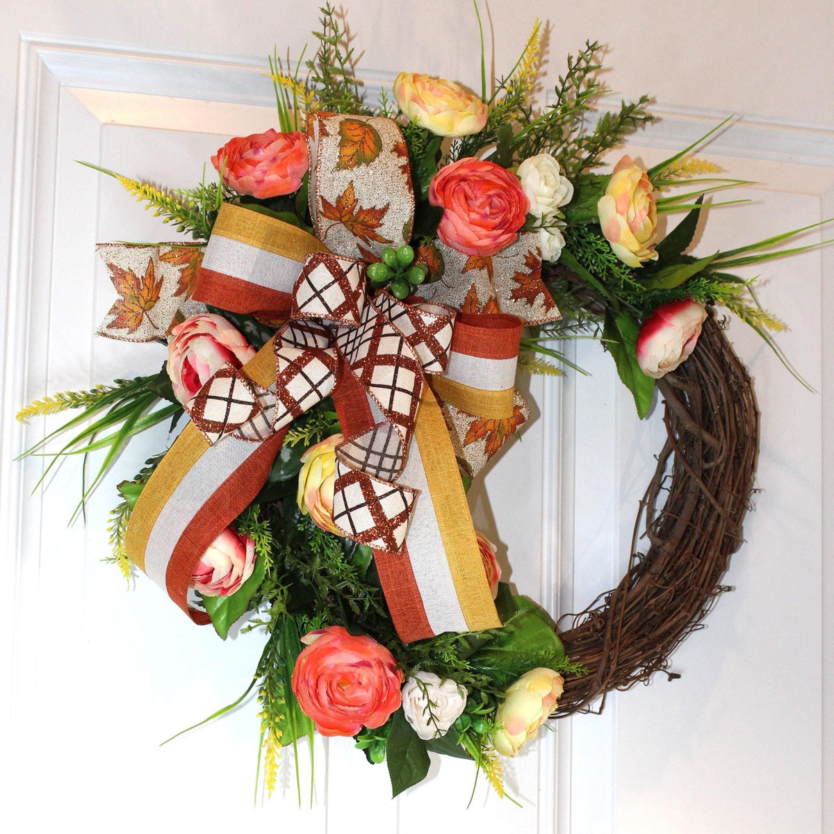 Floral Grapevine Wreath: Fall Thanksgiving Halloween Front Door Decor