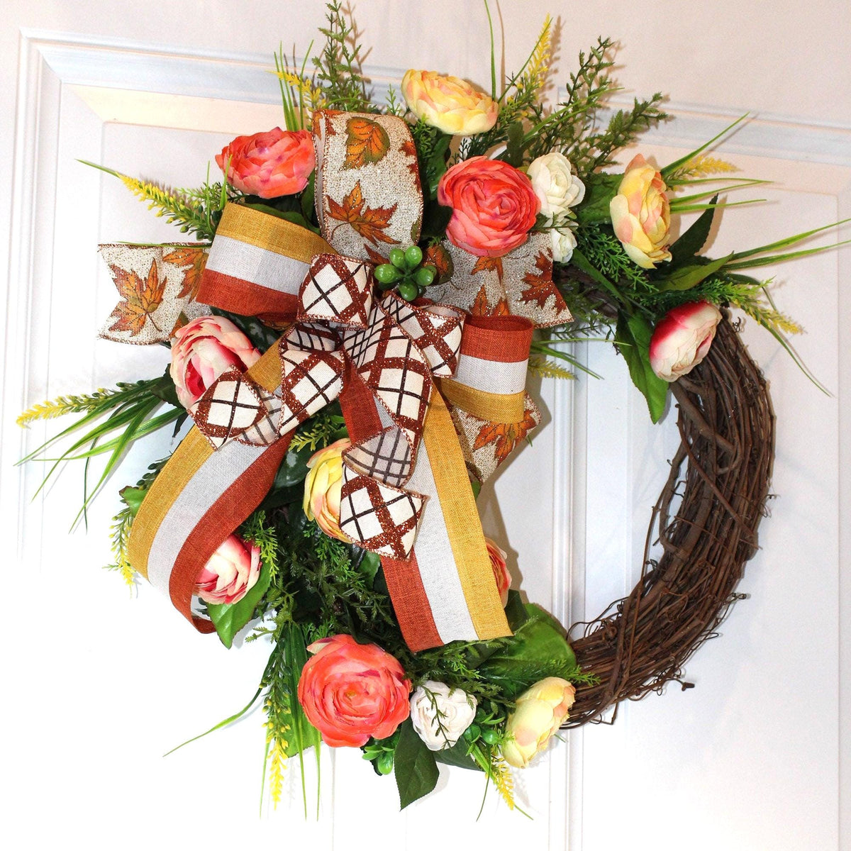 Floral Grapevine Wreath: Fall Thanksgiving Halloween Front Door Decor
