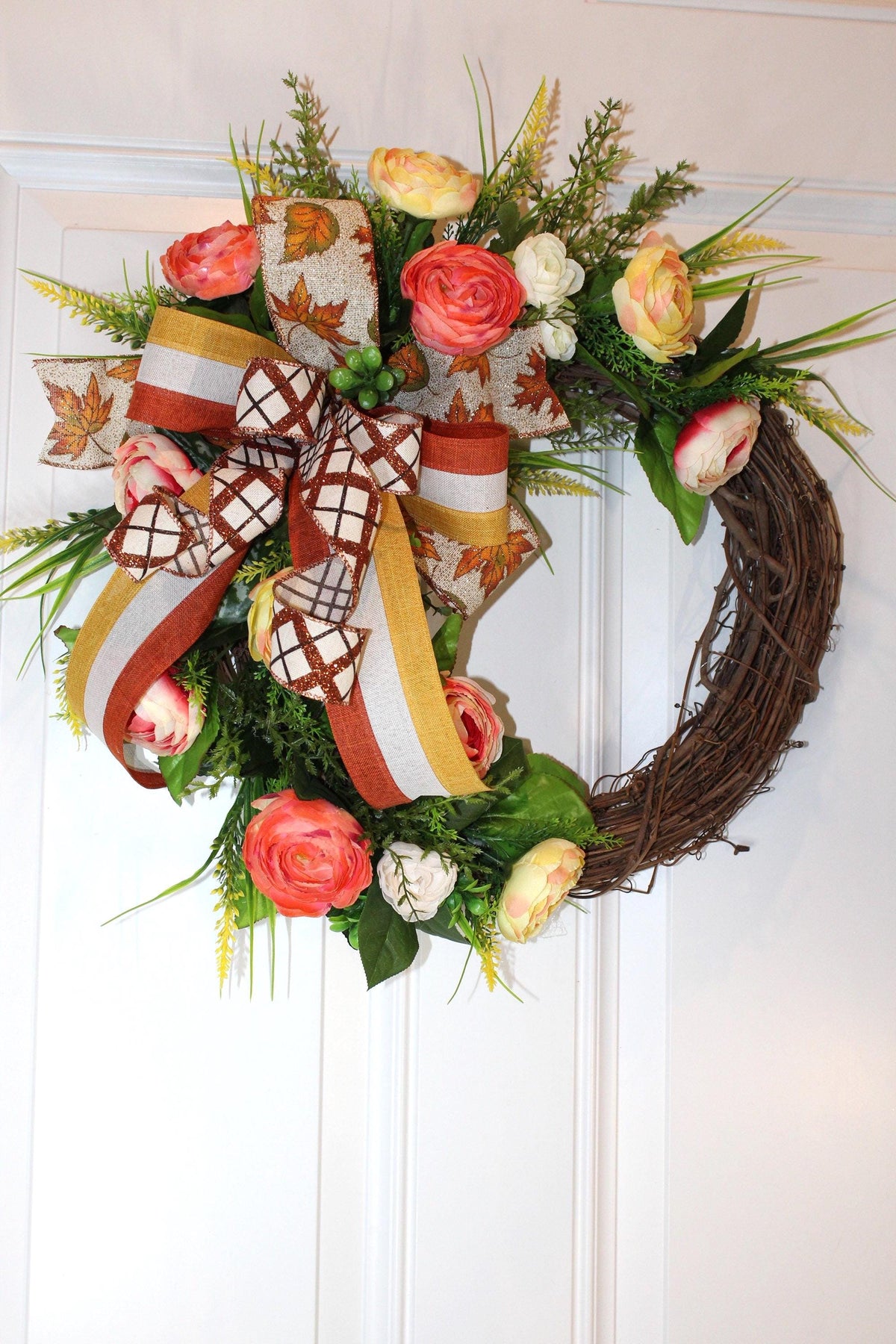 Floral Grapevine Wreath: Fall Thanksgiving Halloween Front Door Decor