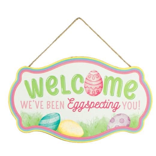 12.5" Scalloped Easter Sign: Welcome, We've Been EGGspecting You