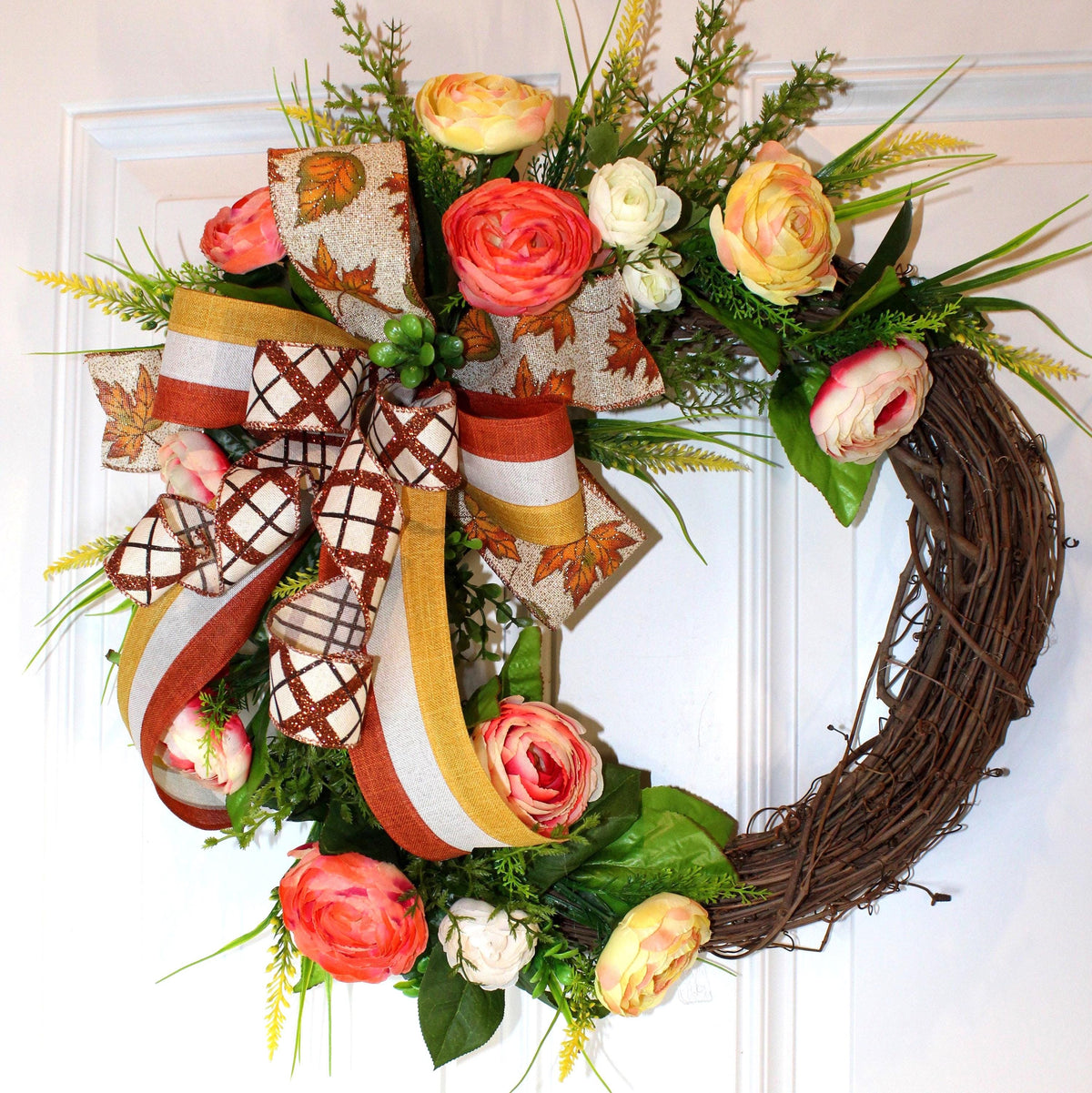 Floral Grapevine Wreath: Fall Thanksgiving Halloween Front Door Decor